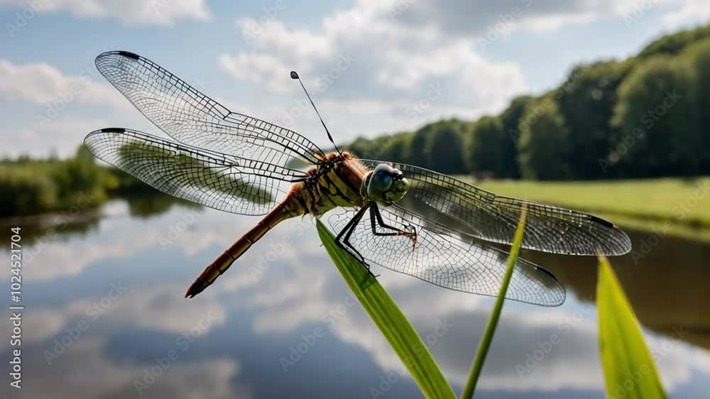Close up of dragonfly flying over the moat