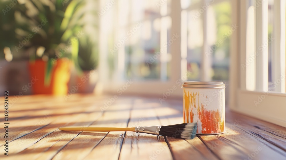 A paint can and brush on wooden flooring, suggesting home renovation or decoration. A paint can and brush on wooden flooring, suggesting home renovation or decoration.