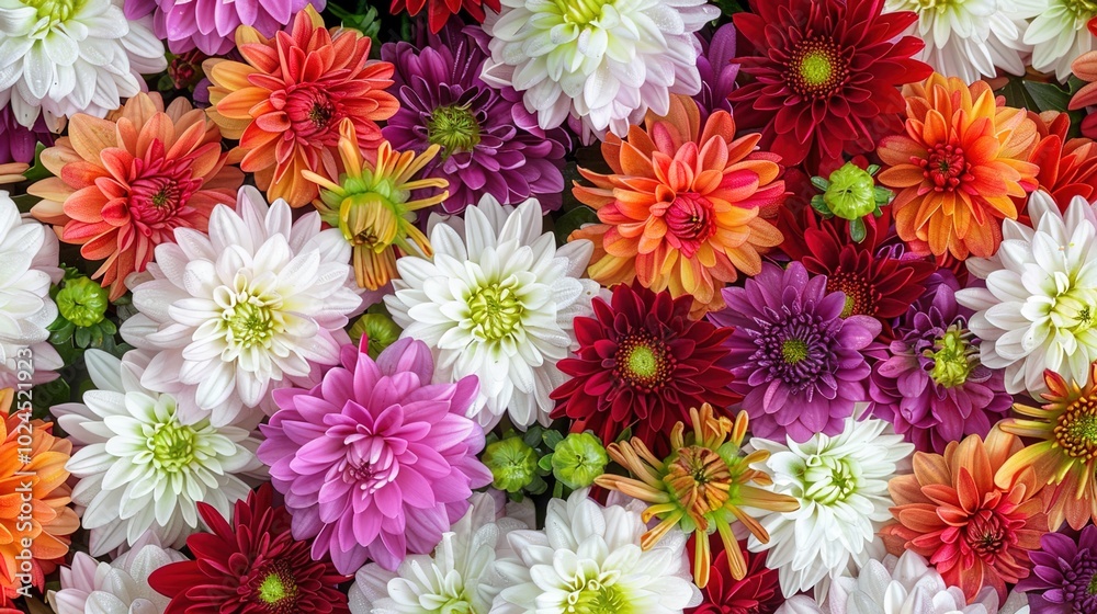 Flower wall background with stunning red, orange, pink, purple, green and white chrysanthemums, wedding decoration, handmade beautiful flower wall background Flower wall background with stunning red, orange, pink, purple, green and white chrysanthemums, wedding decoration, handmade beautiful flower wall background