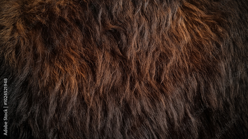 Naklejka premium Textured fur of wild animal, deep brown shades with natural highlights, dense and luxurious pelt, high-resolution close-up for design and artistic projects
