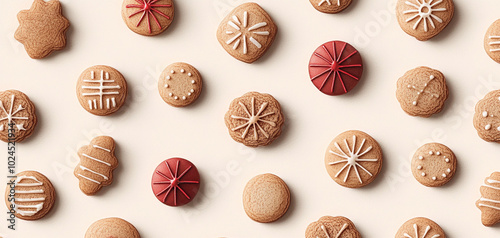 Decorative cookies arranged on a surface with light background.