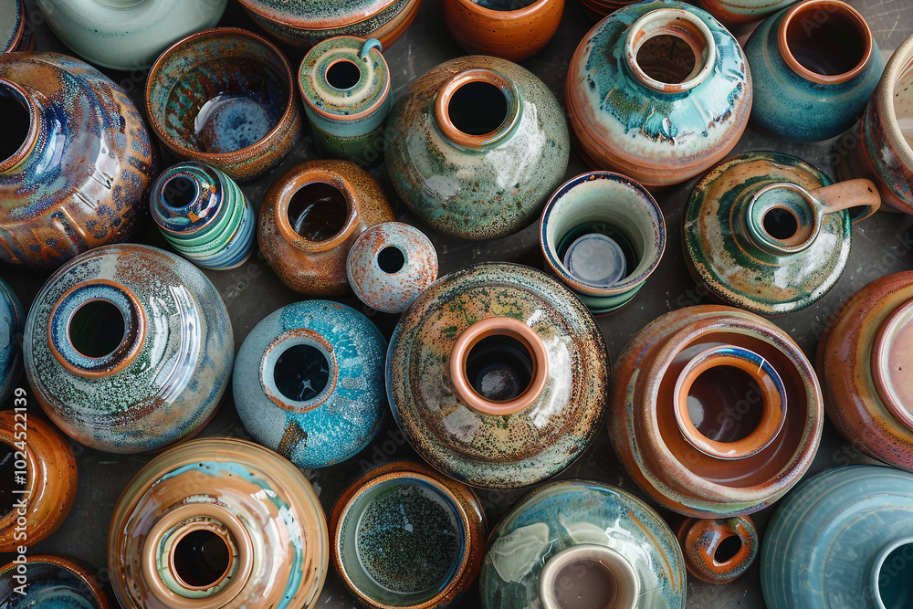 Generative AI photo craftsman shaping clay pot on spinning wheel in pottery studio surrounded by ceramic pieces Generative AI photo craftsman shaping clay pot on spinning wheel in pottery studio surrounded by ceramic pieces