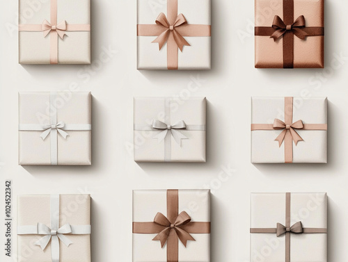 Elegant gift boxes with bows arranged in a stylish layout, white background.