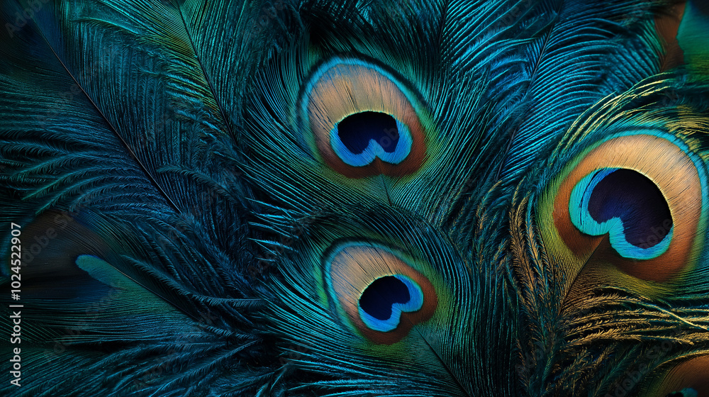Fototapeta premium Colorful array of peacock feathers with vibrant blue and green eyespots, intricate natural patterns, rich colors for exotic and luxurious background design