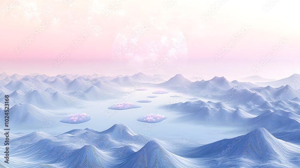 Surreal snowy mountains and floating islands in dreamy pastel pink sunrise Surreal snowy mountains and floating islands in dreamy pastel pink sunrise