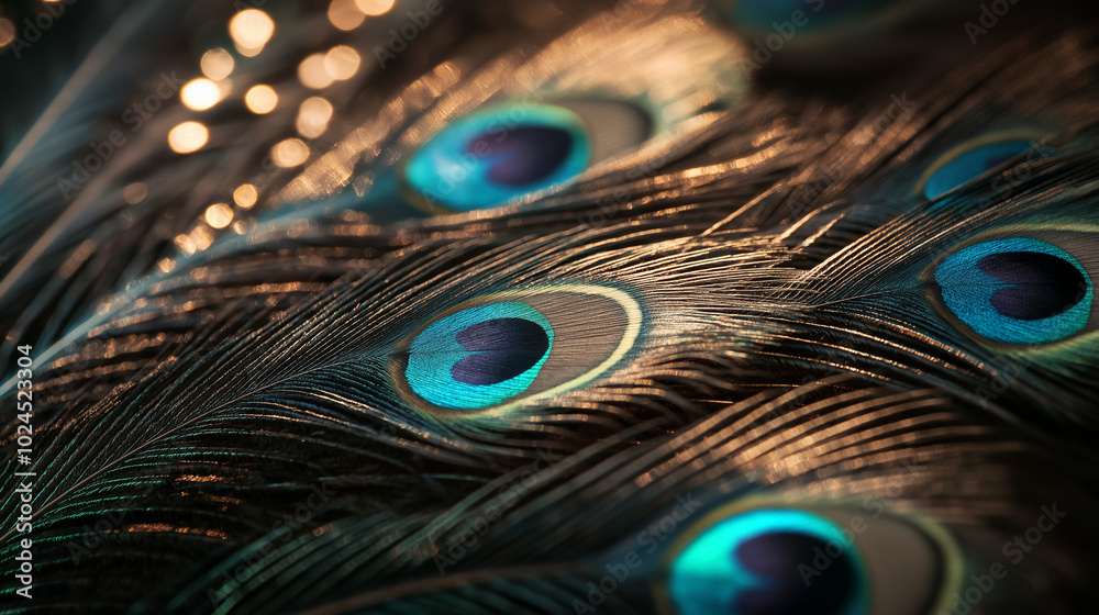 Obraz premium Macro shot of peacock feathers with golden and blue highlights, rich texture and iridescent eye pattern, perfect for luxury decoration and nature-inspired design