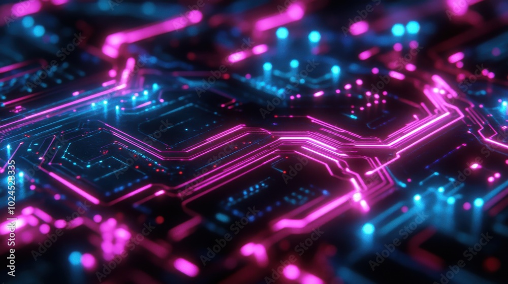A neon circuit board glowing with pink and blue lights. The intricate paths of the circuits form A neon circuit board glowing with pink and blue lights. The intricate paths of the circuits form