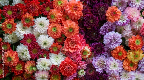 Flower wall background with stunning red, orange, pink, purple, green and white chrysanthemums, wedding decoration, handmade beautiful flower wall background