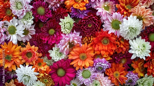 Flower wall background with stunning red, orange, pink, purple, green and white chrysanthemums, wedding decoration, handmade beautiful flower wall background