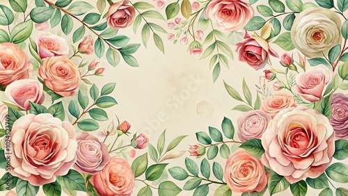 Wallpaper Mural A delicate arrangement of watercolor roses in soft hues of pink, peach, and cream, nestled amongst lush green foliage, creating a romantic floral border on a textured background. Torontodigital.ca