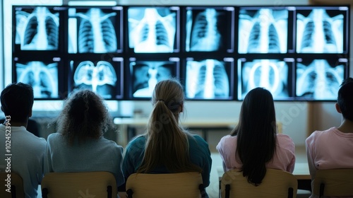 A group of students attentively listens to a medical lecture with X-ray images displayed on large screens. illustration 