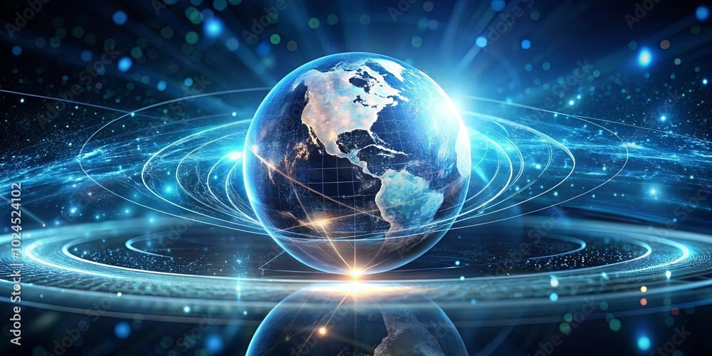 A luminous orb, the Earth, bathed in radiant blue light, surrounded by intricate rings of interconnected energy, signifying global connectivity and the flow of information. A luminous orb, the Earth, bathed in radiant blue light, surrounded by intricate rings of interconnected energy, signifying global connectivity and the flow of information.