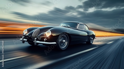 Black Classic Car Speeding on a Road with Motion Blur