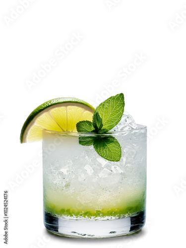 Martinican Ti Punch with slice of lime and sprig of mint in rocks glass photo