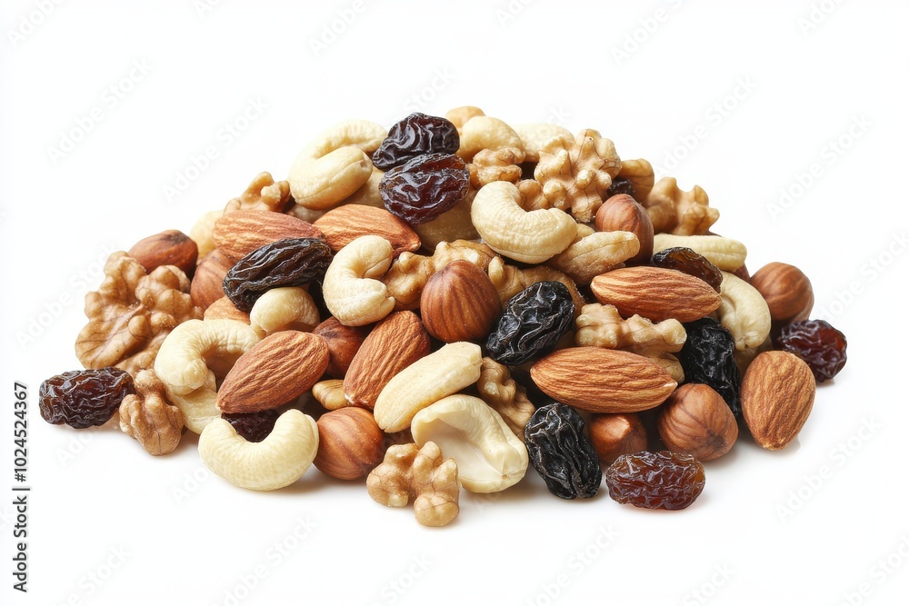 A pile of mixed nuts and dried fruits, including almonds, cashews, raisins, and walnuts A pile of mixed nuts and dried fruits, including almonds, cashews, raisins, and walnuts