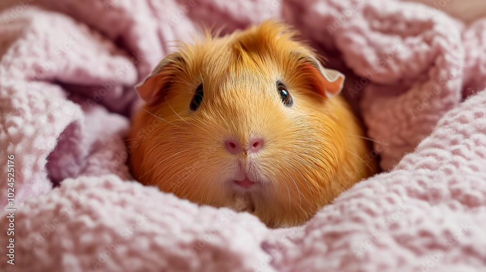 Cute guinea pig wrapped in soft blanket, cozy and warm pet, adorable small animal portrait, relaxed and happy expression, fluffy and gentle pet photography, indoor setting Cute guinea pig wrapped in soft blanket, cozy and warm pet, adorable small animal portrait, relaxed and happy expression, fluffy and gentle pet photography, indoor setting