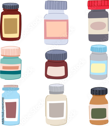pill bottle set cartoon. pharmacy container, safety cap, dosage refill pill bottle sign. isolated symbol vector illustration