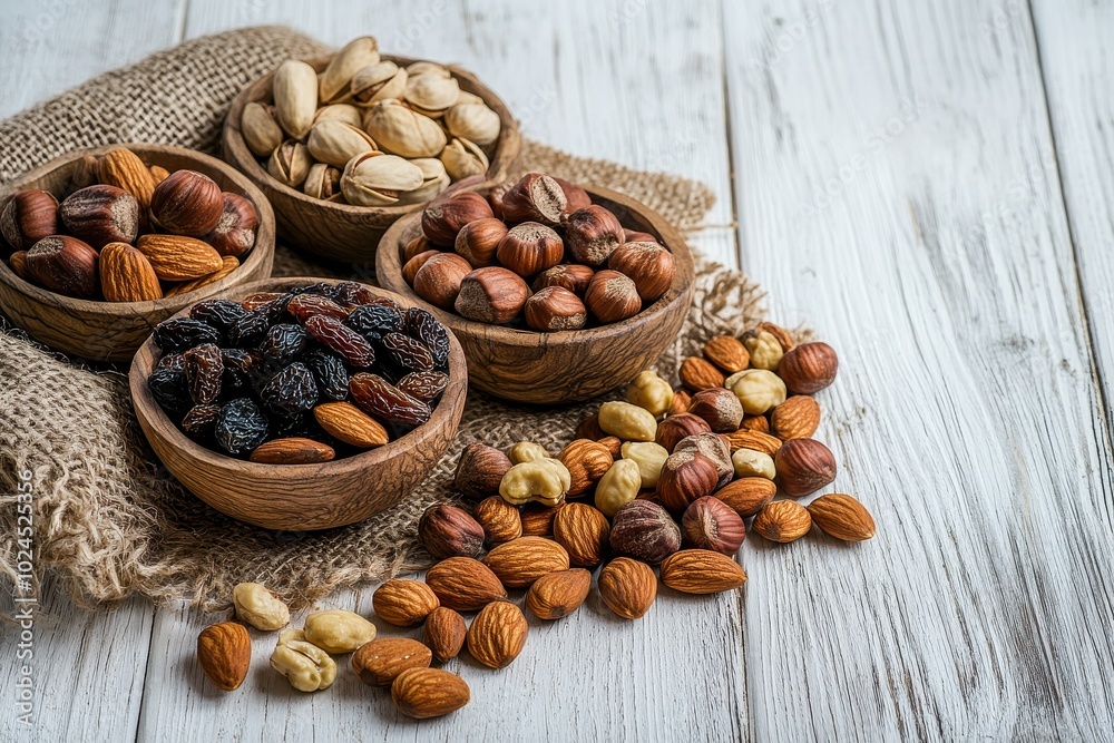 A rustic presentation of different nuts such as hazelnuts, almonds, pistachios, and walnuts A rustic presentation of different nuts such as hazelnuts, almonds, pistachios, and walnuts