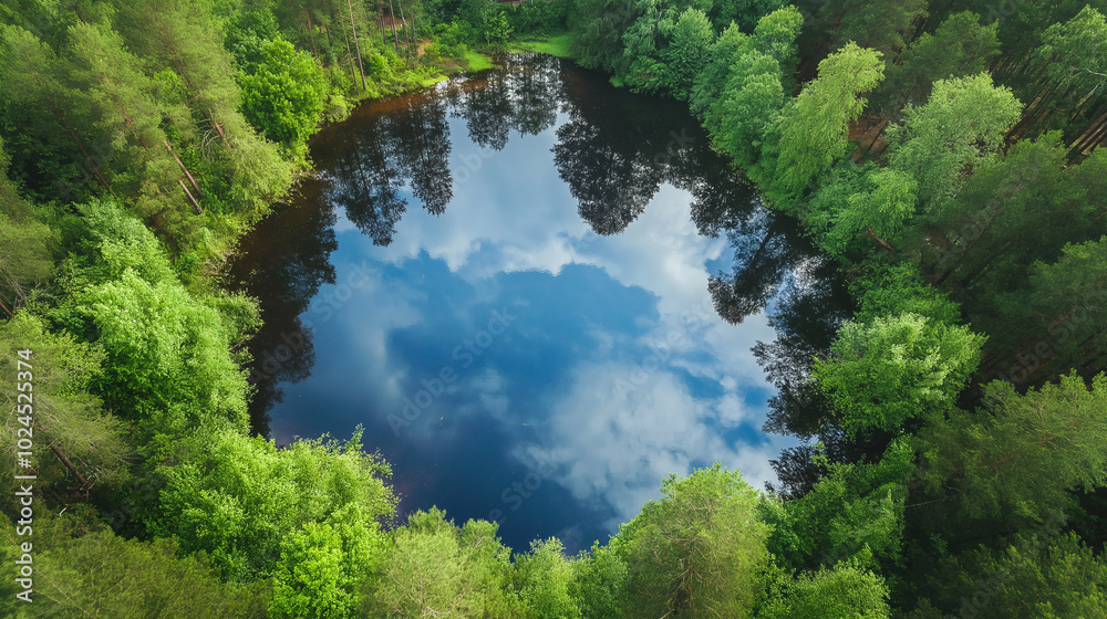 Aerial view of lake surrounded by green pine forest, mirror reflection of clouds in water, tranquil natural landscape, peaceful forest scene, nature from above, serene outdoor scenery Aerial view of lake surrounded by green pine forest, mirror reflection of clouds in water, tranquil natural landscape, peaceful forest scene, nature from above, serene outdoor scenery