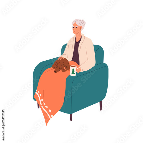 Happy old woman with blanket sits in armchair. Senior lady relaxes with funny dog on her knees. Granny has a rest with cup of hot Xmas drink. Flat isolated vector illustration on white background