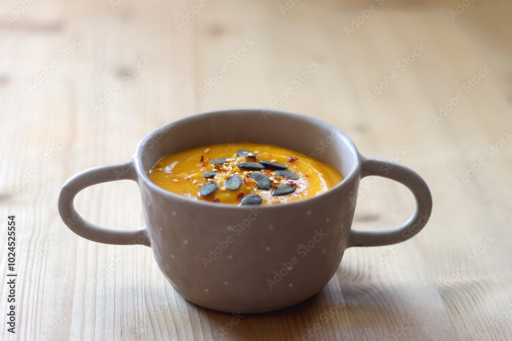 Bowl of creamy pumpkin and potato soup, with pumpkin seeds and chilli flakes toppings. Selective focus, wooden background. Bowl of creamy pumpkin and potato soup, with pumpkin seeds and chilli flakes toppings. Selective focus, wooden background.