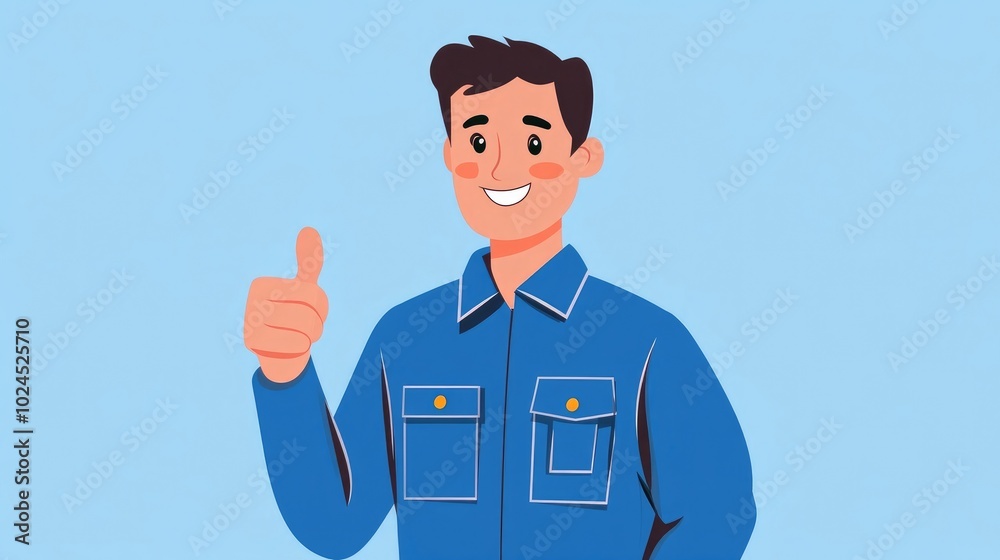 A worker in a blue uniform gives a thumbs up, smiling cheerfully, showing satisfaction in the workplace. illustration A worker in a blue uniform gives a thumbs up, smiling cheerfully, showing satisfaction in the workplace. illustration