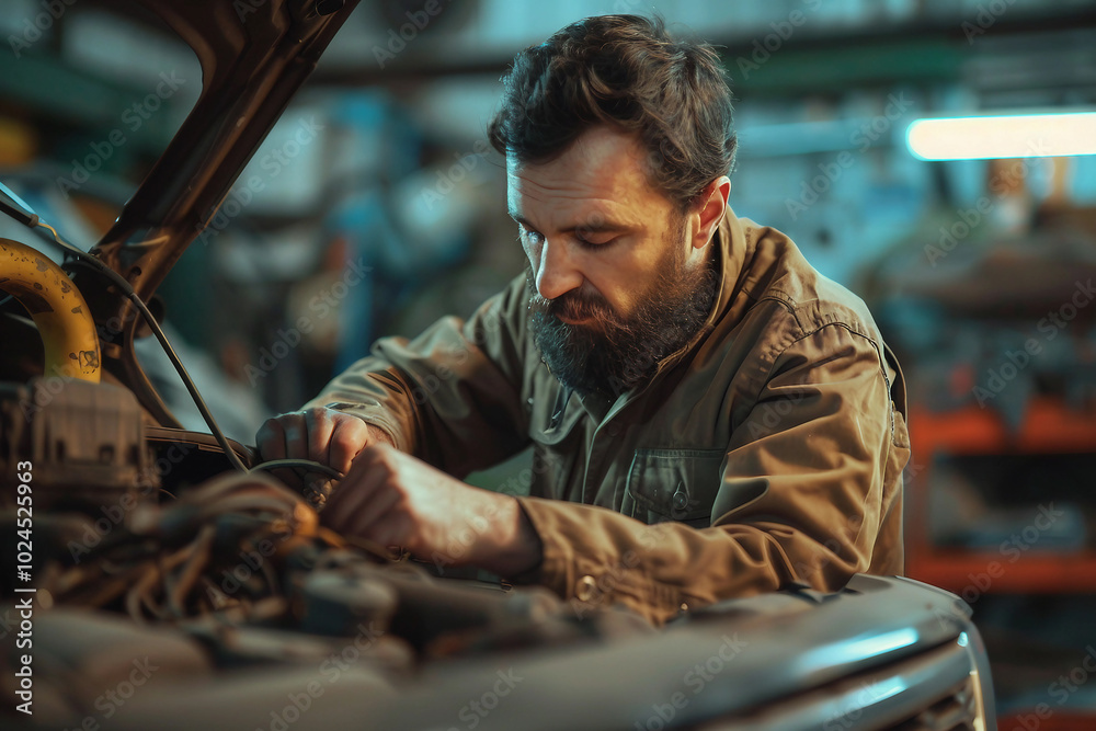 Fototapeta premium Generative AI picture photo Car mechanic working with broken engine car service banner