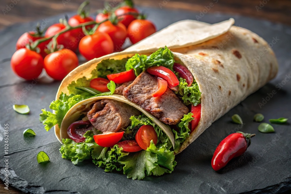 Meat burrito tortilla wraps with steak, cherry tomatoes, red peppers, and salad on dark slate background Meat burrito tortilla wraps with steak, cherry tomatoes, red peppers, and salad on dark slate background