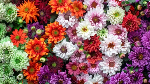 Flower wall background with stunning red, orange, pink, purple, green and white chrysanthemums, wedding decoration, handmade beautiful flower wall background