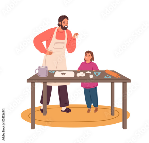 Happy family baking Christmas gingerbread together. Parent and child cooking at the kitchen table. Father teaches his daughter making cookies. Flat isolated vector illustration on white background