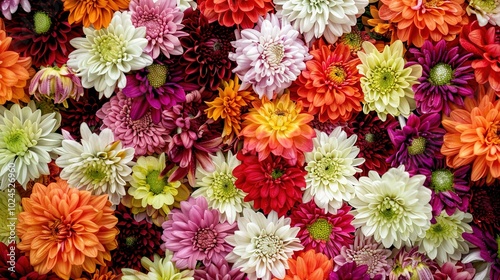 Flower wall background with stunning red, orange, pink, purple, green and white chrysanthemums, wedding decoration, handmade beautiful flower wall background