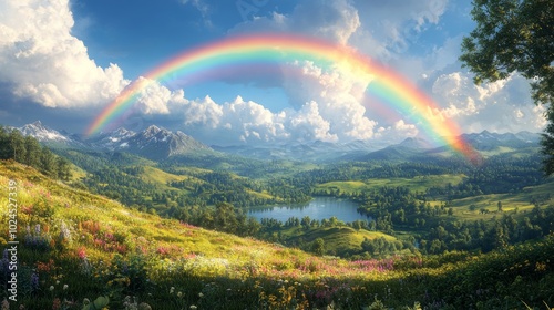 Vibrant rainbow over a scenic forest lake 