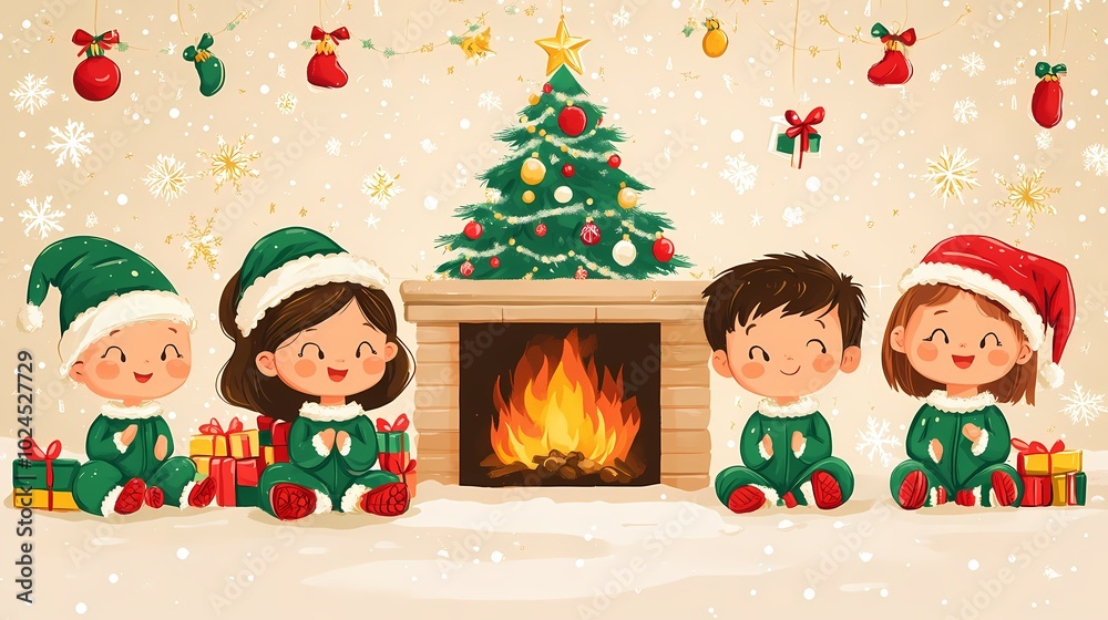 On Christmas Day, children dressed in Christmas costumes sit by the fire and exchange gifts On Christmas Day, children dressed in Christmas costumes sit by the fire and exchange gifts
