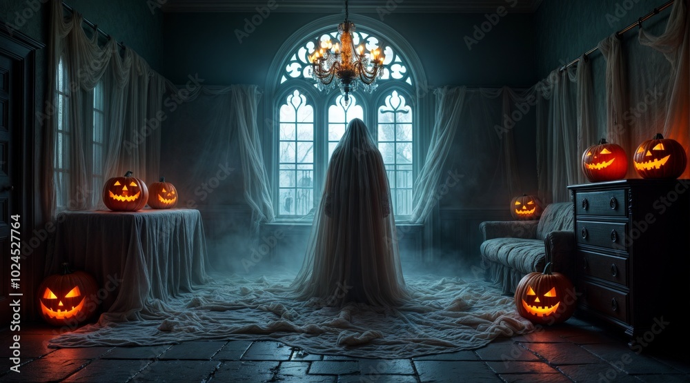 An eerie room in a haunted mansion features thick cobwebs over ancient furniture a ghostly figure cloaked in a sheet, and glowing jack-o'-lanterns creating a spooky Halloween atmosphere generative, ai An eerie room in a haunted mansion features thick cobwebs over ancient furniture a ghostly figure cloaked in a sheet, and glowing jack-o'-lanterns creating a spooky Halloween atmosphere generative, ai