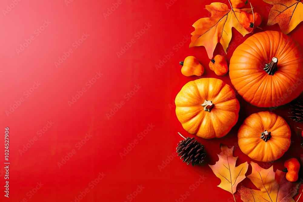 Autumn Harvest Arrangement with Pumpkins, Leaves, and Pinecones on a Vibrant Red Background
