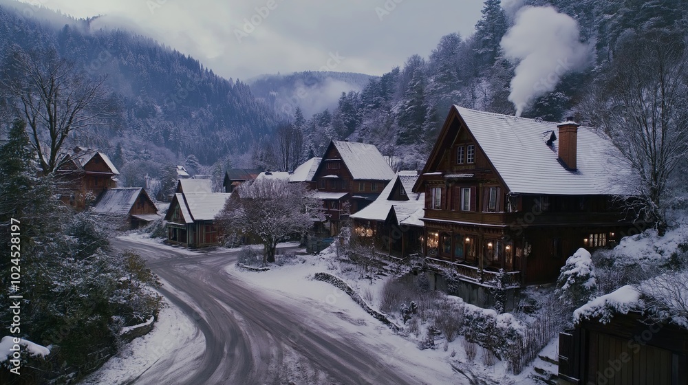A snowy village nestled in the mountains, with smoke rising from chimneys A snowy village nestled in the mountains, with smoke rising from chimneys