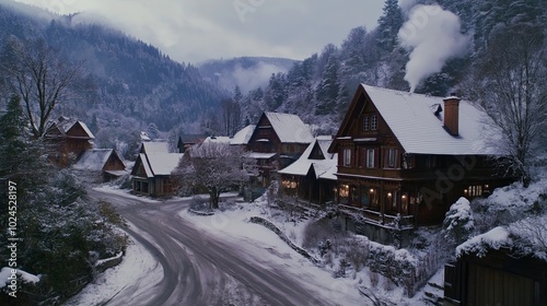 A snowy village nestled in the mountains, with smoke rising from chimneys