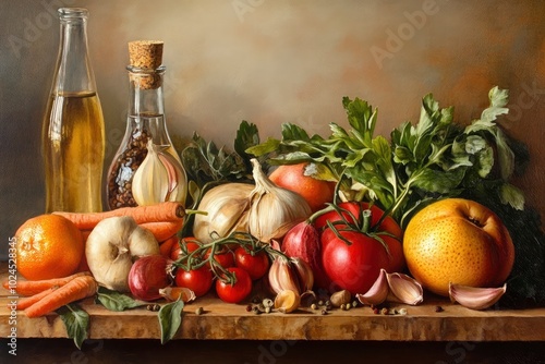 Fresh food ingredients still life wit generative ai