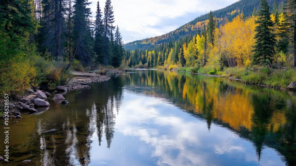 A serene river reflecting autumn colors as it meanders through a forest A serene river reflecting autumn colors as it meanders through a forest