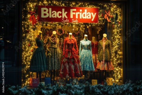 Shop Window Display: A storefront window featuring mannequins dressed in holiday attire, with a giant "Black Friday Sale" sign taped to the glass and sale percentages on each outfit.