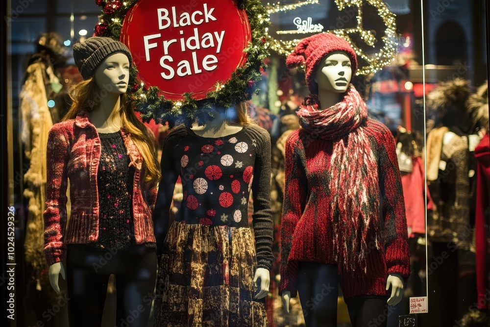 Obraz premium Shop Window Display: A storefront window featuring mannequins dressed in holiday attire, with a giant 