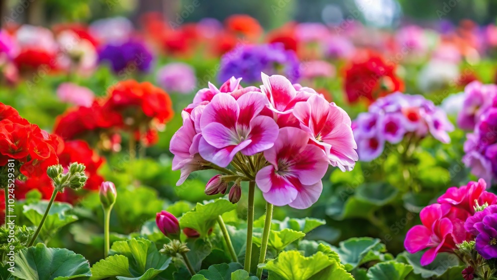 Obraz premium Medium shot bed with the multi colored blossoming geranium