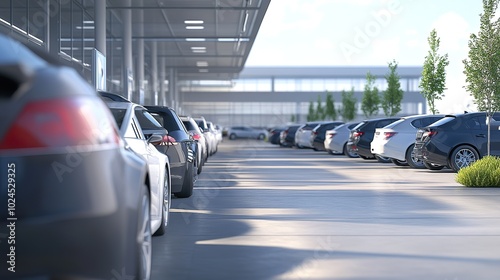 A modern car rental office at an airport, with a variety of cars parked and ready for travelers to drive off photo