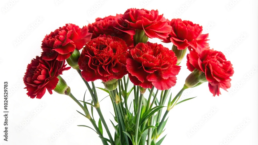 Medium shot bouquet red carnations isolated white background Medium shot bouquet red carnations isolated white background