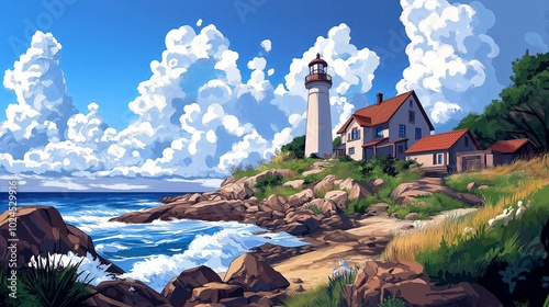 A rocky coastline with crashing waves and a lighthouse standing tall