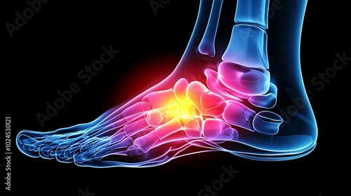 Detailed X-ray of ankle joint, pain area highlighted with vibrant yellow hue, glowing yellow light effect on pain region, clear bone details, soft shadow gradients for emphasis,