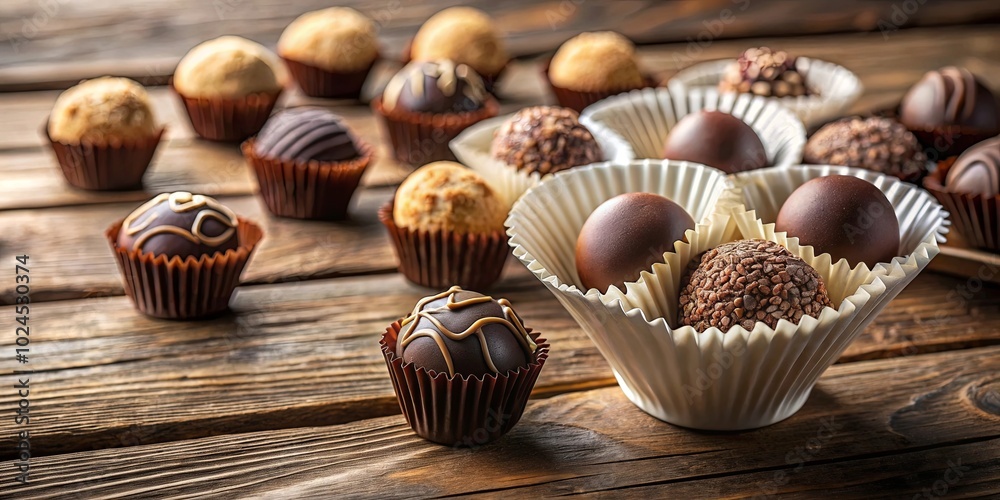 A symphony of flavors, a delightful selection of handcrafted chocolate truffles, adorned with delicate patterns and textures, nestled in charming paper cups, a tempting treat for the senses. A symphony of flavors, a delightful selection of handcrafted chocolate truffles, adorned with delicate patterns and textures, nestled in charming paper cups, a tempting treat for the senses.