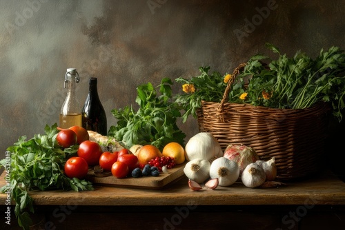 Fresh food ingredients still life wit generative ai