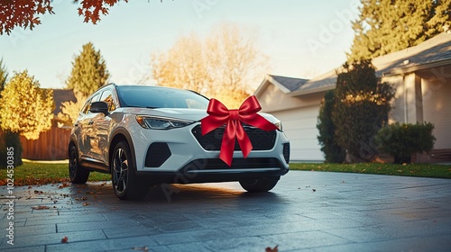 A new car sitting in a driveway, with a bright red bow on the hood, symbolizing a big purchase or gift photo