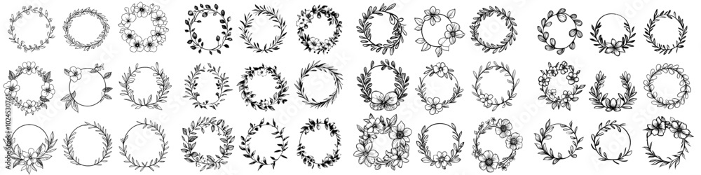 A collection of natural monochrome circular decorations made of foliage of plants. Round branches with leaves, hand drawn floral frame, and decorative sketch leaves.
